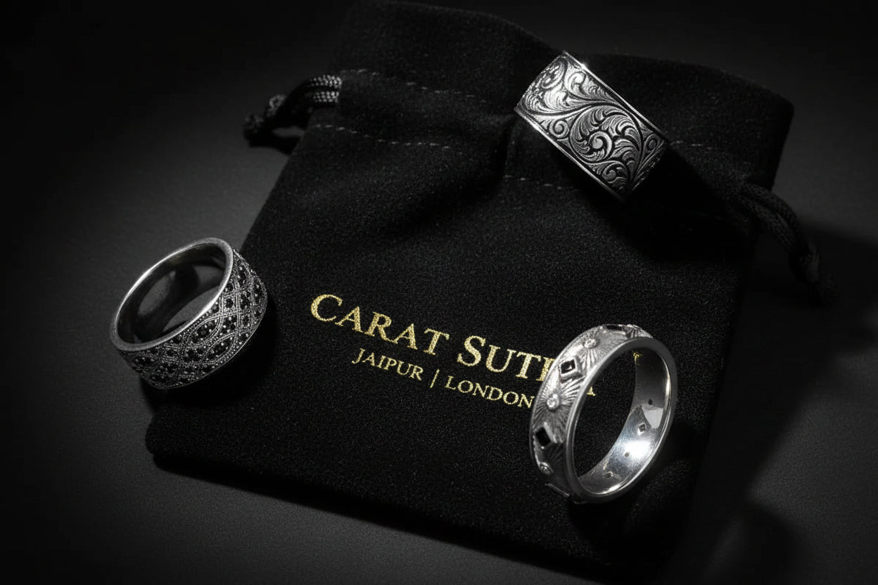 RARE PRINCE by CARAT SUTRA | Exclusive Streamline Band Ring Studded with Black Swarovski for Men, Oxidized Sterling Silver 925 Ring | Jewellery for Men| With Certificate of Authenticity and 925 Hallmark - caratsutra