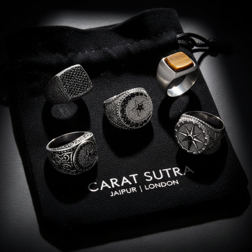 RARE PRINCE by CARAT SUTRA | Exclusive Classic Cushion Pave Ring Studded with Black Cubic Zirconia, Sterling Silver 925 Ring | Jewellery for Men| With Certificate of Authenticity and 925 Hallmark - caratsutra