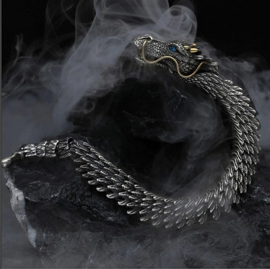 RARE PRINCE by CARAT SUTRA | Unique Golden Horn Oxidized Dragon Bracelet with Blue Eyes | 925 Sterling Silver Oxidized Bracelet | Unisex Jewelry | With Certificate of Authenticity and 925 Hallmark - caratsutra