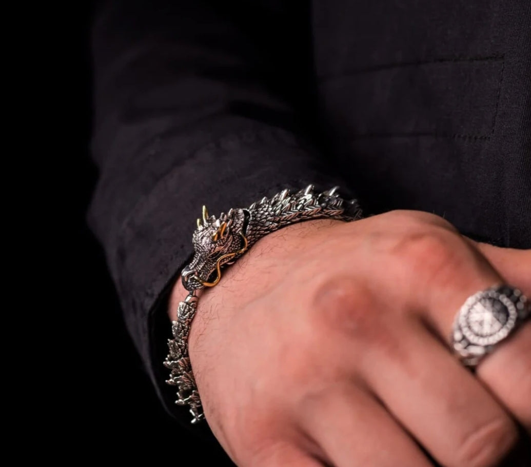 RARE PRINCE by CARAT SUTRA | Unique Golden Horn Oxidized Dragon Bracelet with Blue Eyes | 925 Sterling Silver Oxidized Bracelet | Unisex Jewelry | With Certificate of Authenticity and 925 Hallmark - caratsutra