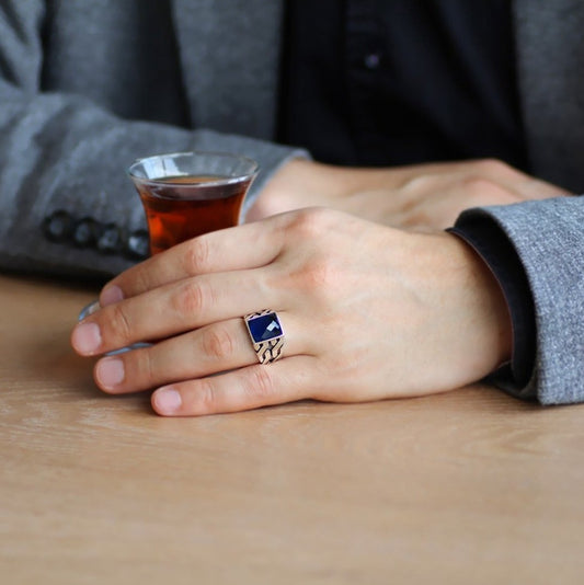 RARE PRINCE by CARAT SUTRA | Unique Turkish Gucci Style Ring with Faceted Blue S Sapphire | 925 Sterling Silver Oxidized Ring | Men's Jewelry | With Certificate of Authenticity and 925 Hallmark - caratsutra