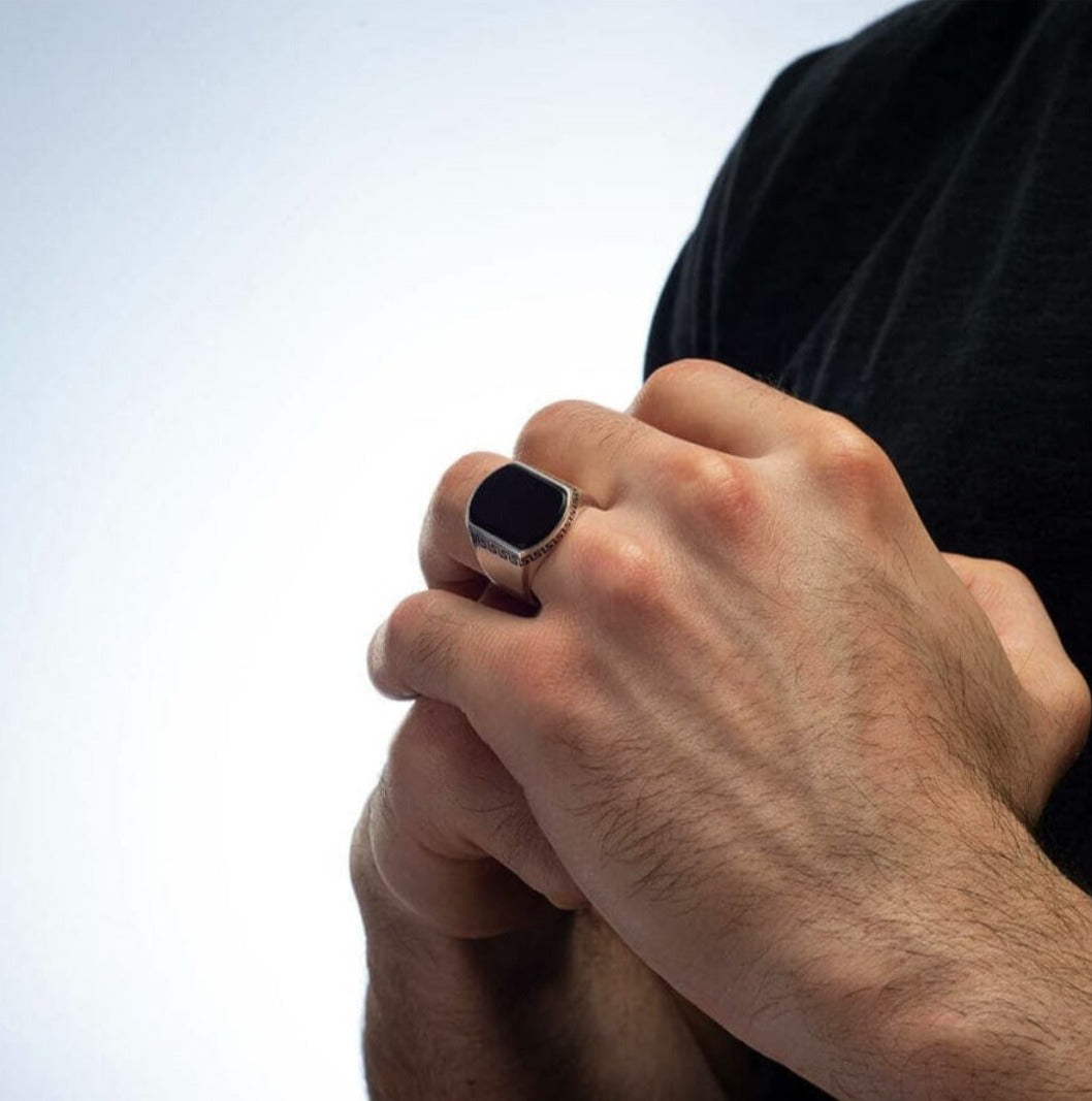 RARE PRINCE by CARAT SUTRA | Unique Turkish Style Personalized Name Initial Ring with Natural Black Onyx | 925 Sterling Silver Oxidized Ring | Men's Jewelry | With Certificate of Authenticity and 925 Hallmark - caratsutra