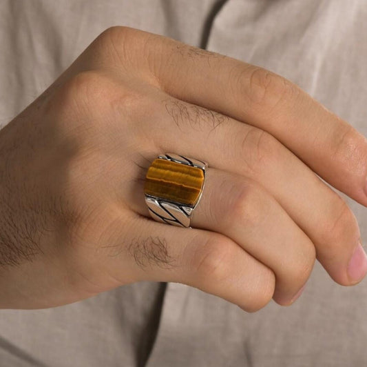 RARE PRINCE by CARAT SUTRA | Unique Turkish Braided Style Ring with Natural Tiger Eye | 925 Sterling Silver Oxidized Ring | Men's Jewelry | With Certificate of Authenticity and 925 Hallmark - caratsutra