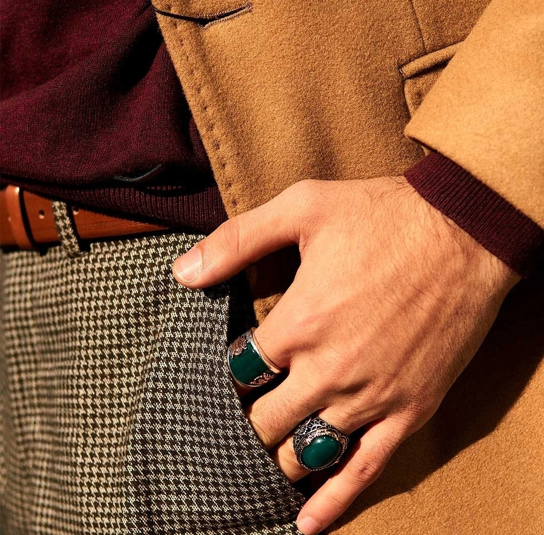 RARE PRINCE by CARAT SUTRA | Unique Turkish Style Ring with Natural Green Onyx | 925 Sterling Silver Oxidized Ring | Men's Jewelry | With Certificate of Authenticity and 925 Hallmark - caratsutra