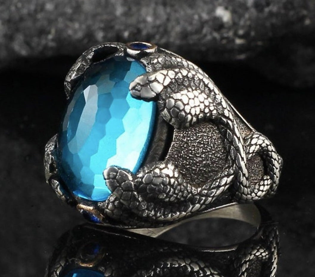 RARE PRINCE by CARAT SUTRA | Unique Designed Snake Ring with S Blue Topaz| 925 Sterling Silver Oxidized Ring | Men's Jewelry | With Certificate of Authenticity and 925 Hallmark - caratsutra