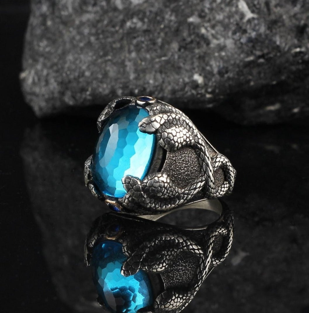 RARE PRINCE by CARAT SUTRA Unique Designed Snake Ring with S Blue Topaz| 925 Sterling Silver Oxidized Ring Men's Jewelry With Certificate of