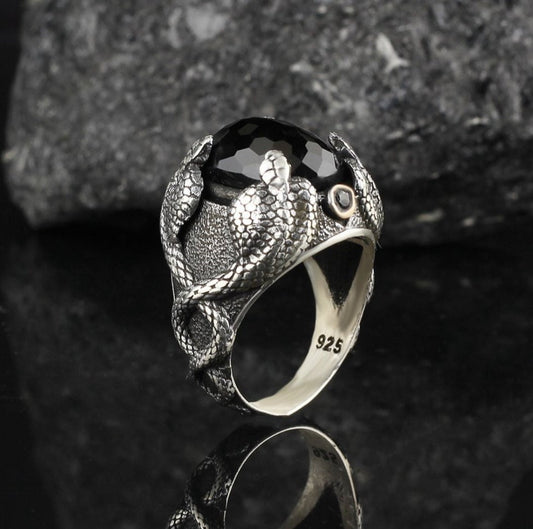 RARE PRINCE by CARAT SUTRA | Unique Designed Snake Ring with Black Zircon | 925 Sterling Silver Oxidized Ring | Men's Jewelry | With Certificate of Authenticity and 925 Hallmark - caratsutra