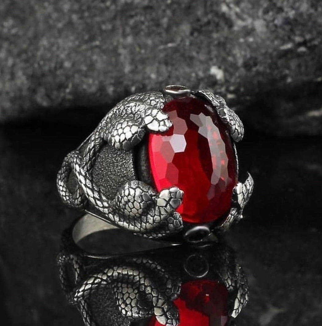 RARE PRINCE by CARAT SUTRA | Unique Designed Snake Ring with Red Zircon | 925 Sterling Silver Oxidized Ring | Men's Jewelry | With Certificate of Authenticity and 925 Hallmark - caratsutra