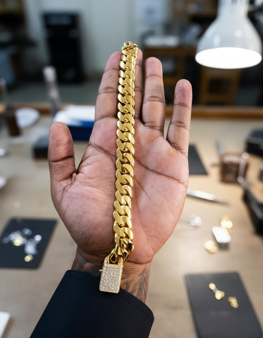 RARE PRINCE by CARAT SUTRA Solid 16mm Miami Cuban Link Bracelet with Iced Lock 22kt Gold Micron Plated on 925 Sterling Silver Bracelet with AAA+