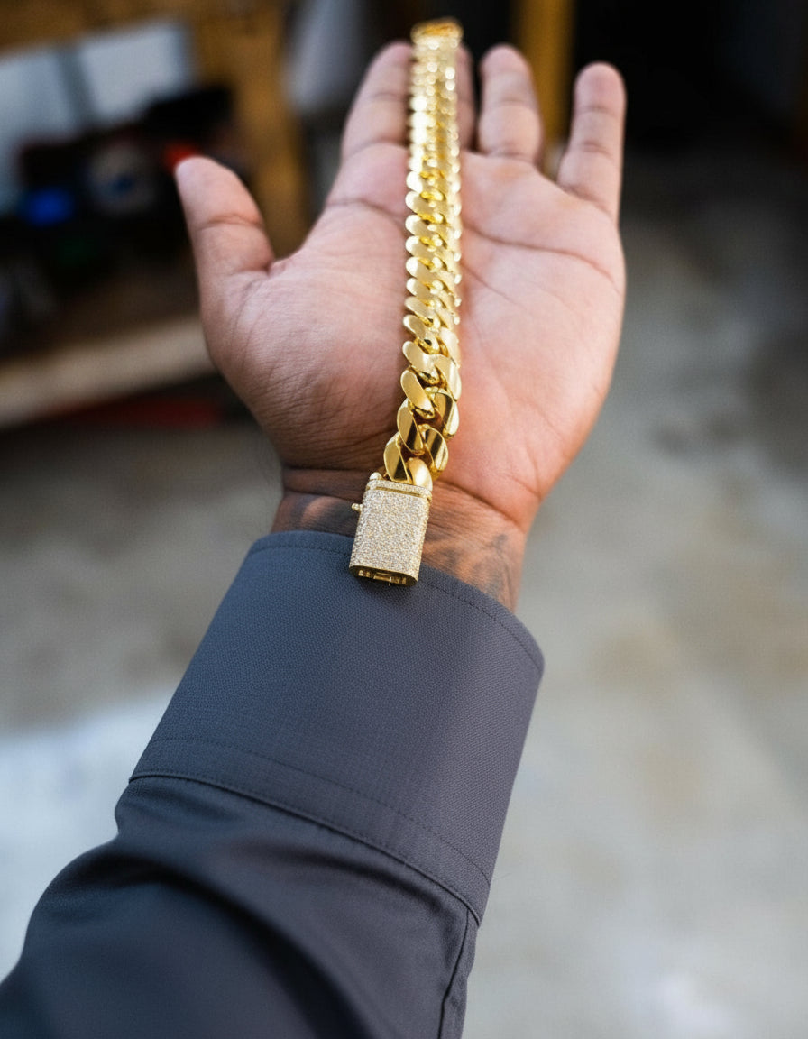 RARE PRINCE by CARAT SUTRA | Solid 14mm Miami Cuban Link Bracelet with Iced Lock | 22kt Gold Micron Plated on 925 Sterling Silver Bracelet with AAA+ Quality Swarovski Diamonds | Men's Jewelry | With Certificate of Authenticity and 925 Hallmark - caratsutra