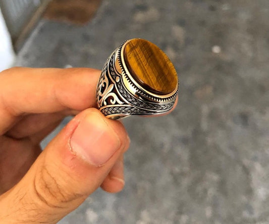 RARE PRINCE by CARAT SUTRA | Unique Designed Turkish Style Ring with Natural Tiger Eye | 925 Sterling Silver Oxidized Ring | Men's Jewelry | With Certificate of Authenticity and 925 Hallmark - caratsutra