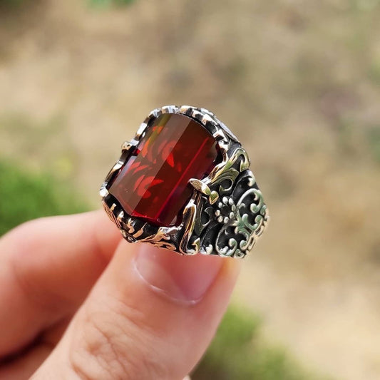 RARE PRINCE by CARAT SUTRA | Unique Designed Turkish Style Ring with Multifaceted Red Zirconia | 925 Sterling Silver Oxidized Ring | Men's Jewelry | With Certificate of Authenticity and 925 Hallmark - caratsutra