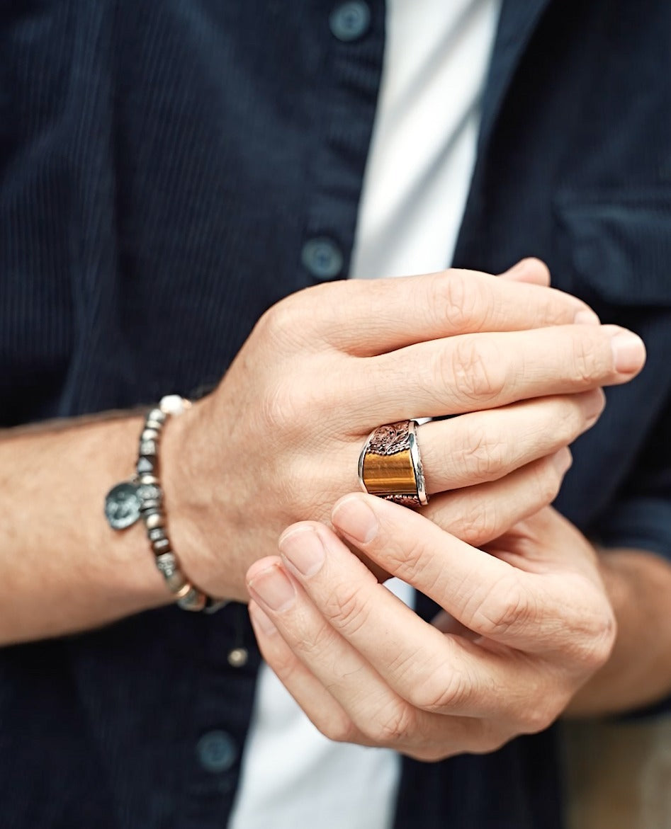 RARE PRINCE by CARAT SUTRA | Unique Designed Turkish Style Curved Ring with Natural Tiger Eye | 925 Sterling Silver Gold Plated Ring | Men's Jewelry | With Certificate of Authenticity and 925 Hallmark - caratsutra