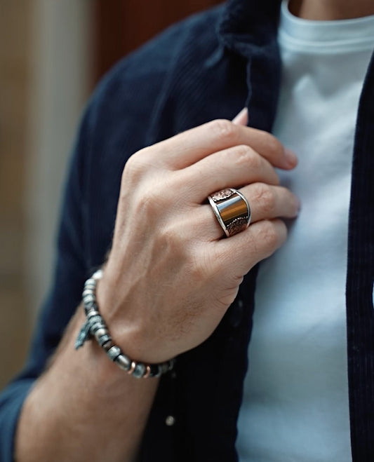 RARE PRINCE by CARAT SUTRA | Unique Designed Turkish Style Curved Ring with Natural Tiger Eye | 925 Sterling Silver Gold Plated Ring | Men's Jewelry | With Certificate of Authenticity and 925 Hallmark - caratsutra