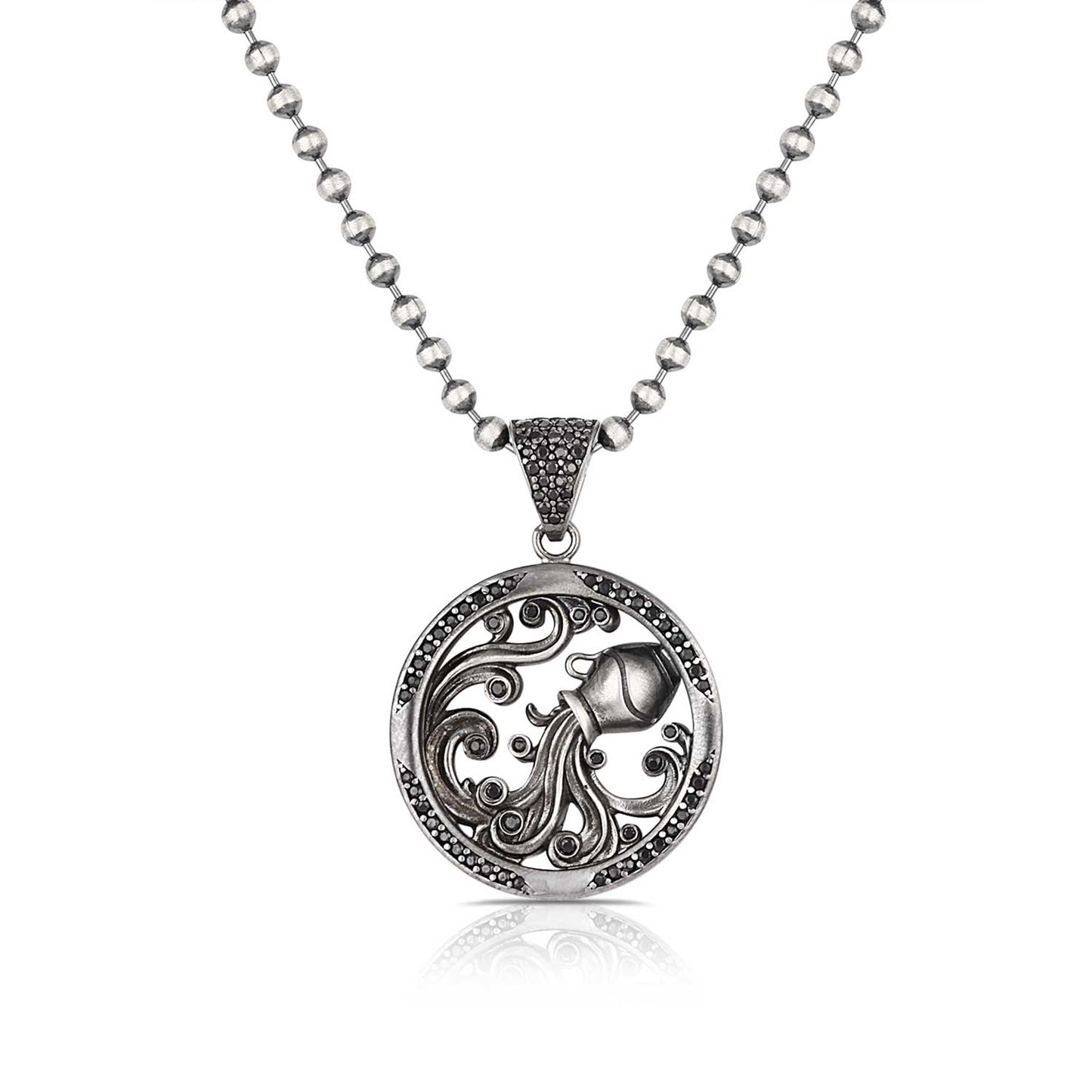 RARE PRINCE by CARAT SUTRA | Unique Aquarius Zodiac Designed Pendant Studded with Black Zircons | Unisex 925 Sterling Silver Oxidized Pendant | Men's Jewelry | With Certificate of Authenticity and 925 Hallmark - caratsutra