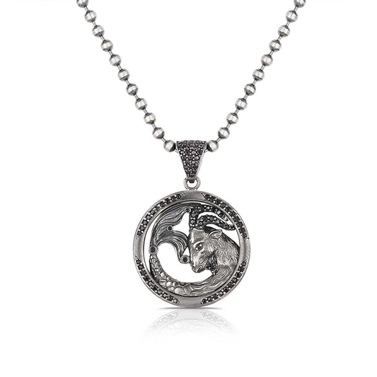 RARE PRINCE by CARAT SUTRA | Unique Capricorn Zodiac Designed Pendant Studded with Black Zircons | Unisex 925 Sterling Silver Oxidized Pendant | Men's Jewelry | With Certificate of Authenticity and 925 Hallmark - caratsutra