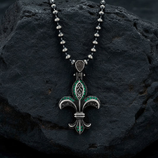 RARE PRINCE by CARAT SUTRA | Unique Designed Fleur-De-Lis Symbol Pendant Studded with Green & Black Zircons for Men | 925 Sterling Silver Oxidized Pendant | Men's Jewelry | With Certificate of Authenticity and 925 Hallmark - caratsutra