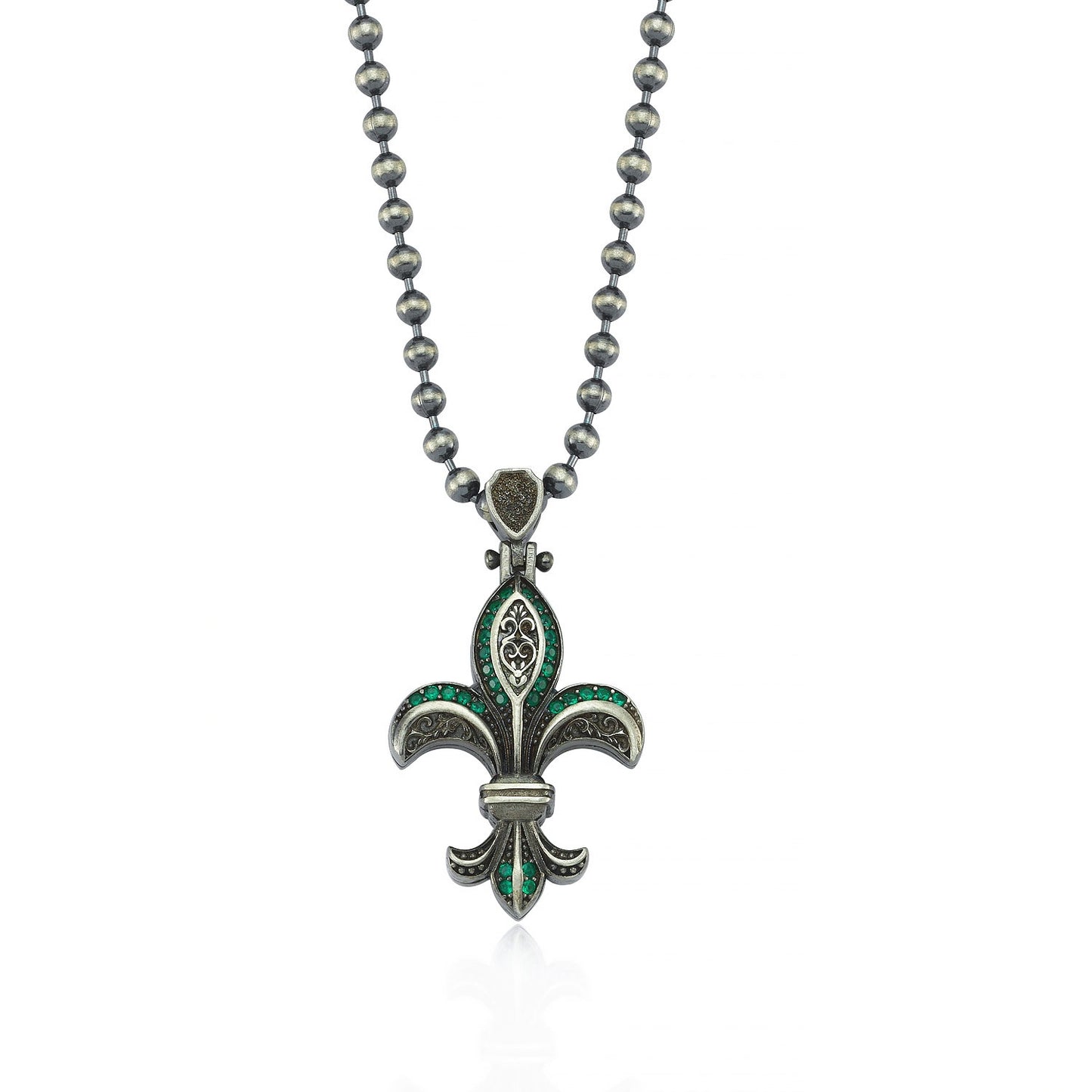 RARE PRINCE by CARAT SUTRA | Unique Designed Fleur-De-Lis Symbol Pendant Studded with Green & Black Zircons for Men | 925 Sterling Silver Oxidized Pendant | Men's Jewelry | With Certificate of Authenticity and 925 Hallmark - caratsutra