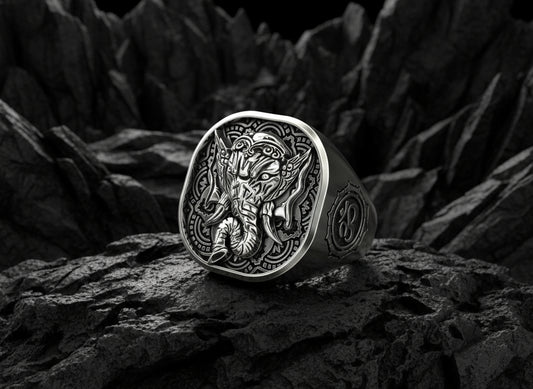 RARE PRINCE by CARAT SUTRA | Unique Designed Ganesha Ring with Om Symbol | 925 Sterling Silver Oxidized Ring | Men's Jewelry | With Certificate of Authenticity and 925 Hallmark - caratsutra