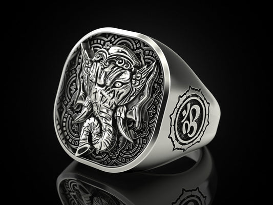 RARE PRINCE by CARAT SUTRA | Unique Designed Ganesha Ring with Om Symbol | 925 Sterling Silver Oxidized Ring | Men's Jewelry | With Certificate of Authenticity and 925 Hallmark - caratsutra