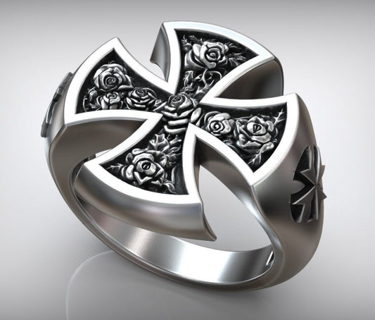RARE PRINCE by CARAT SUTRA | Unique Designed Cross Ring with Roses | 925 Sterling Silver Oxidized Ring | Men's Jewelry | With Certificate of Authenticity and 925 Hallmark