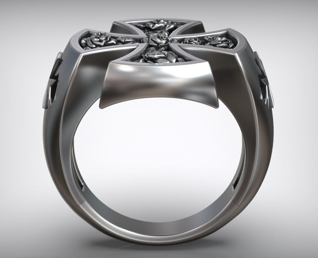 RARE PRINCE by CARAT SUTRA | Unique Designed Cross Ring with Roses | 925 Sterling Silver Oxidized Ring | Men's Jewelry | With Certificate of Authenticity and 925 Hallmark