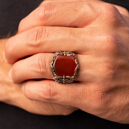 RARE PRINCE by CARAT SUTRA | Unique Turkish Style Ring with Natural Red Agate | 925 Sterling Silver Oxidized Ring | Men's Jewelry | With Certificate of Authenticity and 925 Hallmark - caratsutra