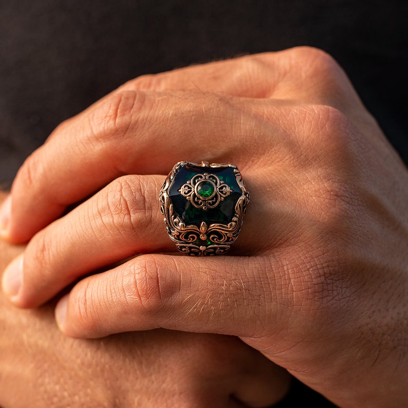 RARE PRINCE by CARAT SUTRA | Unique Turkish Style Ring with Green Zircon | 925 Sterling Silver Oxidized Ring | Men's Jewelry | With Certificate of Authenticity and 925 Hallmark - caratsutra