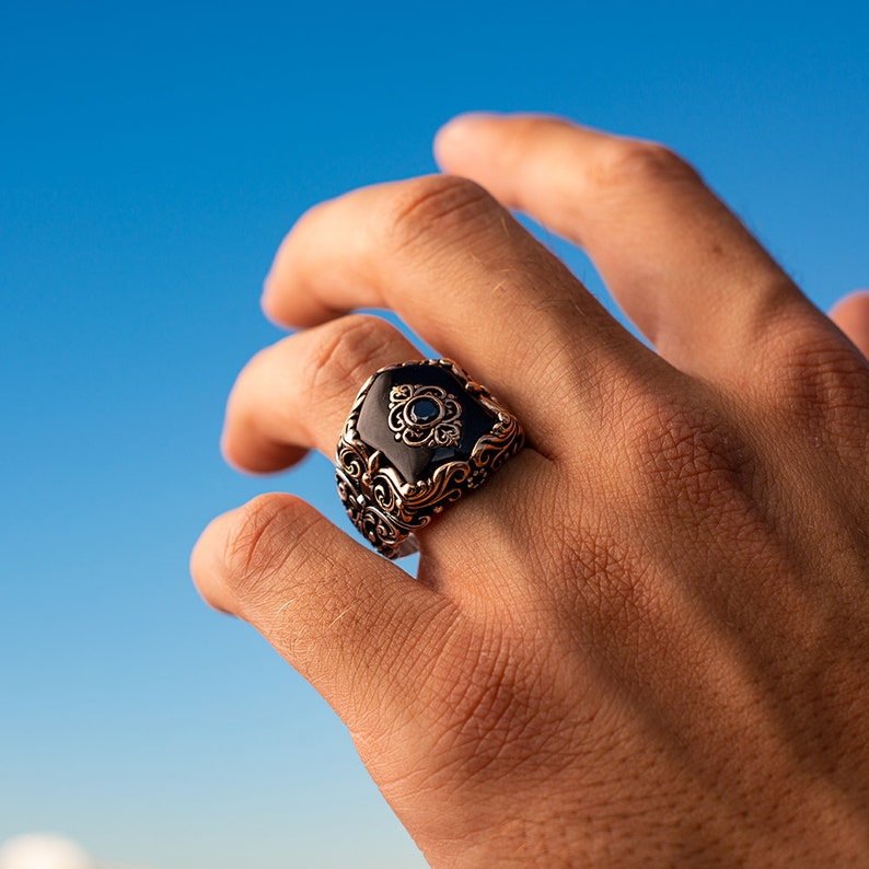 RARE PRINCE by CARAT SUTRA | Unique Turkish Style Ring with Natural Black Onyx | 925 Sterling Silver Oxidized Ring | Men's Jewelry | With Certificate of Authenticity and 925 Hallmark - caratsutra