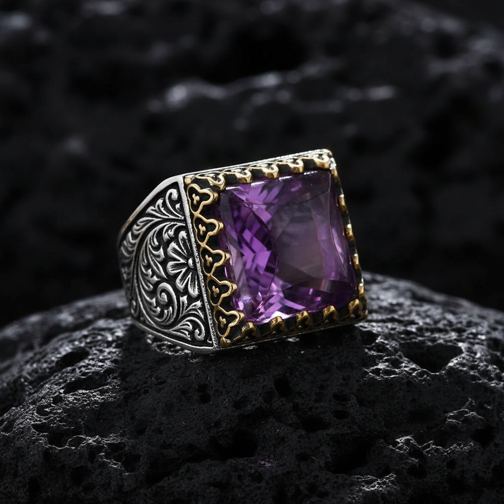 RARE PRINCE by CARAT SUTRA Unique Designed Turkish Style Premium Ring with Purple Amethyst 925 Sterling Silver Oxidized Ring Men's Jewelry