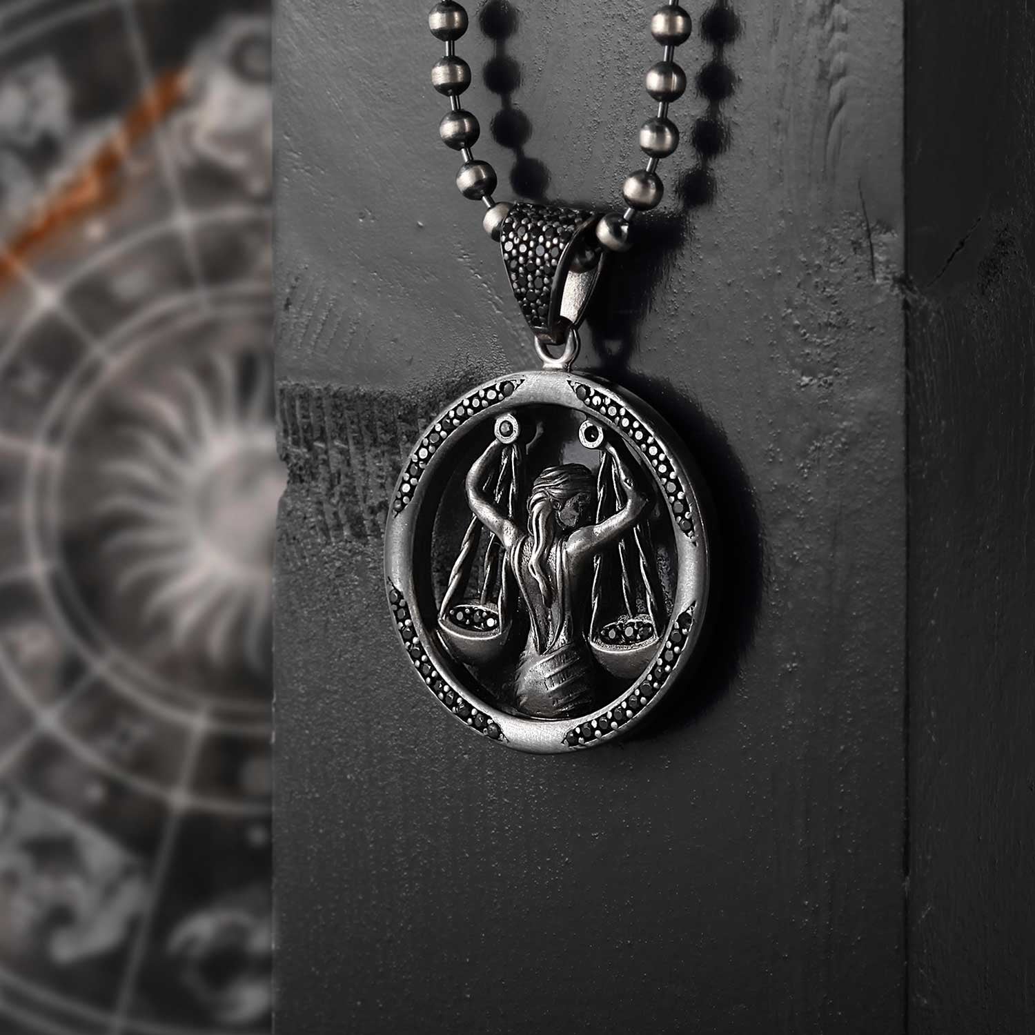 RARE PRINCE by CARAT SUTRA Unique Libra Zodiac Designed Pendant Studded with Black Zircons Unisex 925 Sterling Silver Oxidized Pendant Men's