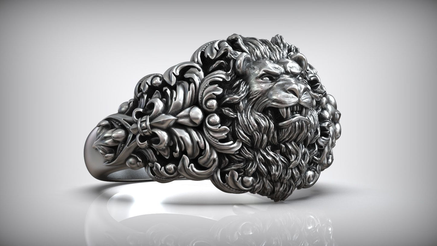 RARE PRINCE by CARAT SUTRA | Unique Designed Lion Head Ring with Royal Fleur De Lis | 925 Sterling Silver Oxidized Ring | Men's Jewelry | With Certificate of Authenticity and 925 Hallmark