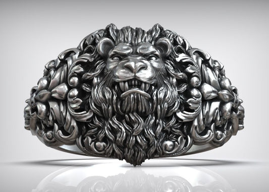 RARE PRINCE by CARAT SUTRA | Unique Designed Lion Head Ring with Royal Fleur De Lis | 925 Sterling Silver Oxidized Ring | Men's Jewelry | With Certificate of Authenticity and 925 Hallmark