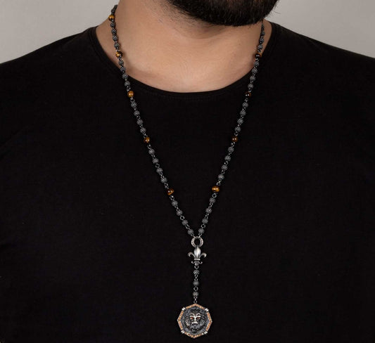 RARE PRINCE by CARAT SUTRA | Unique Silver Balls & Natural Tiger Eye Beaded Chain Necklace with Lion Head | 925 Sterling Silver Oxidized Pendant with Fleur-de-lis Symbol | Men's Jewelry | With Certificate of Authenticity and 925 Hallmark - caratsutra