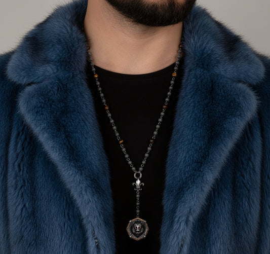 RARE PRINCE by CARAT SUTRA | Unique Silver Balls & Natural Tiger Eye Beaded Chain Necklace with Lion Head | 925 Sterling Silver Oxidized Pendant with Fleur-de-lis Symbol | Men's Jewelry | With Certificate of Authenticity and 925 Hallmark - caratsutra