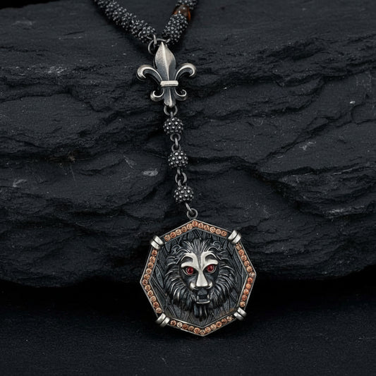 RARE PRINCE by CARAT SUTRA | Unique Silver Balls & Natural Tiger Eye Beaded Chain Necklace with Lion Head | 925 Sterling Silver Oxidized Pendant with Fleur-de-lis Symbol | Men's Jewelry | With Certificate of Authenticity and 925 Hallmark - caratsutra