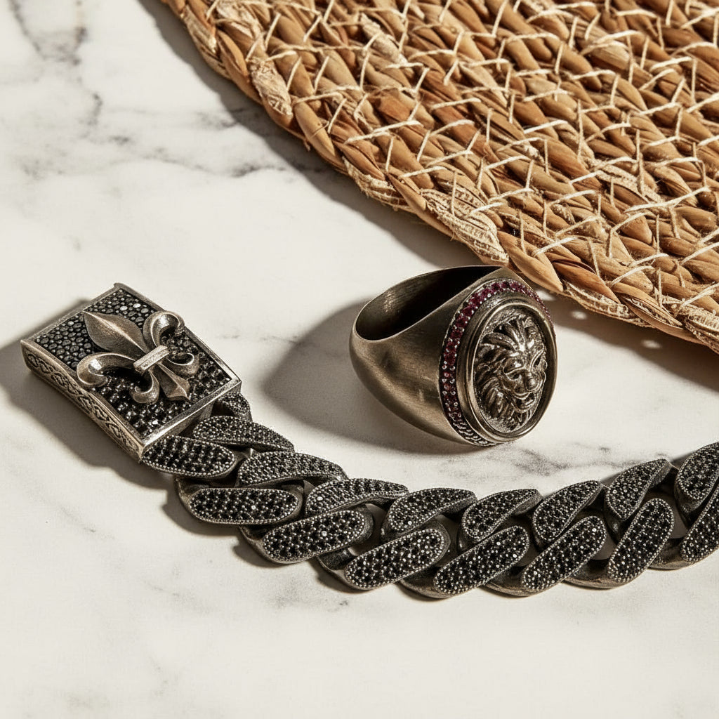 RARE PRINCE by CARAT SUTRA | 14mm Unique Fleur-De-Lis Black Iced Cuban Link Bracelet for Men | Black Rhodium Plated 925 Silver Bracelet | Men's Jewelry | With Certificate of Authenticity and 925 Hallmark - caratsutra