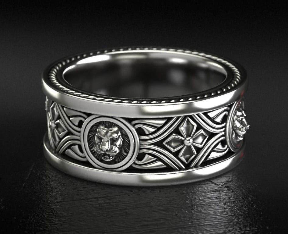 RARE PRINCE by CARAT SUTRA | Unique Designed Band Ring with Lion | 925 Sterling Silver Oxidized Ring | Men's Jewelry | With Certificate of Authenticity and 925 Hallmark - caratsutra
