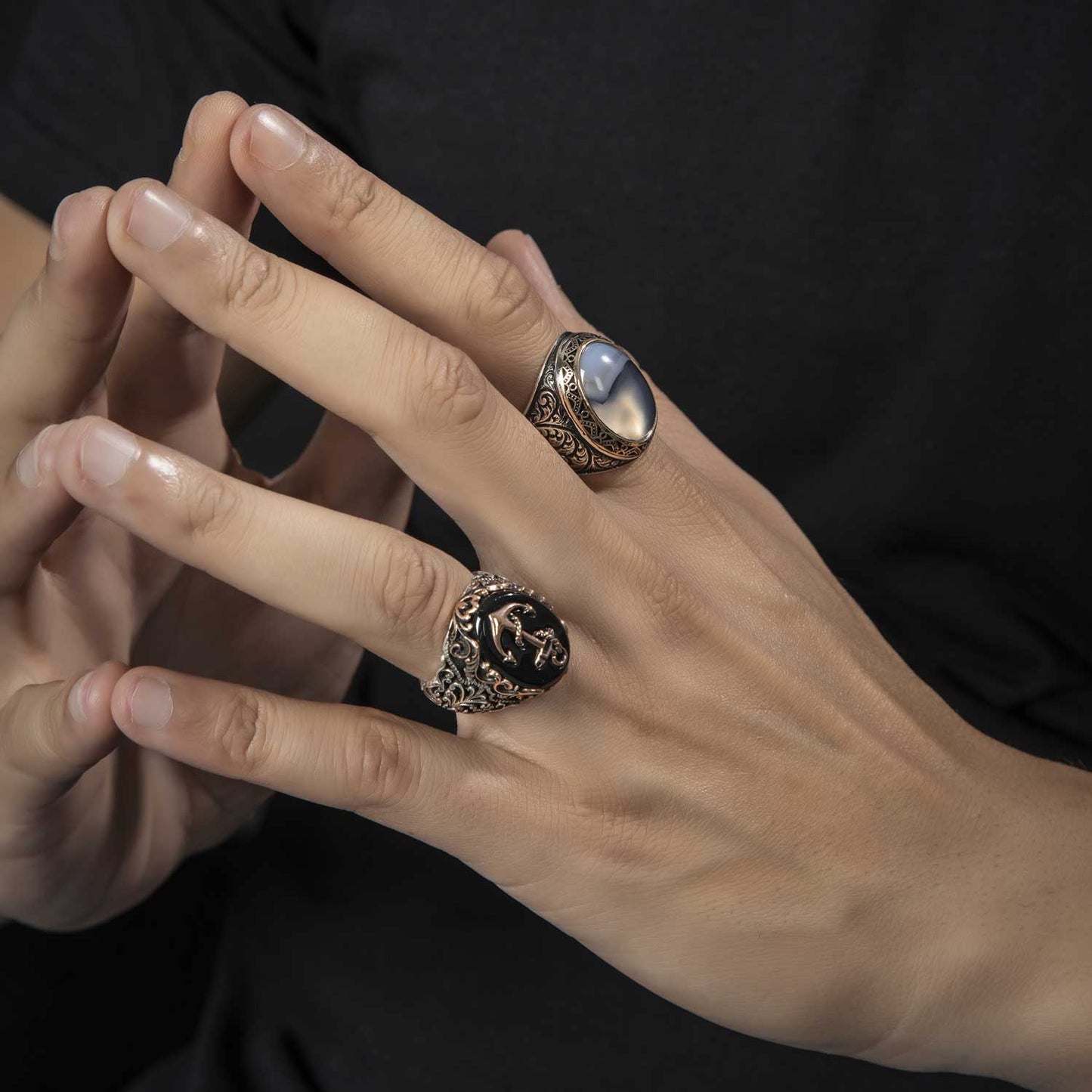 RARE PRINCE by CARAT SUTRA | Unique Handmade Turkish Style Sailor's Anchor Ring with Natural Black Onyx | 925 Sterling Silver Oxidized Ring | Men's Jewelry | With Certificate of Authenticity and 925 Hallmark - caratsutra