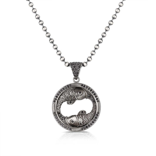 RARE PRINCE by CARAT SUTRA | Unique Pisces Zodiac Designed Pendant Studded with Black Zircons | Unisex 925 Sterling Silver Oxidized Pendant | Men's Jewelry | With Certificate of Authenticity and 925 Hallmark - caratsutra