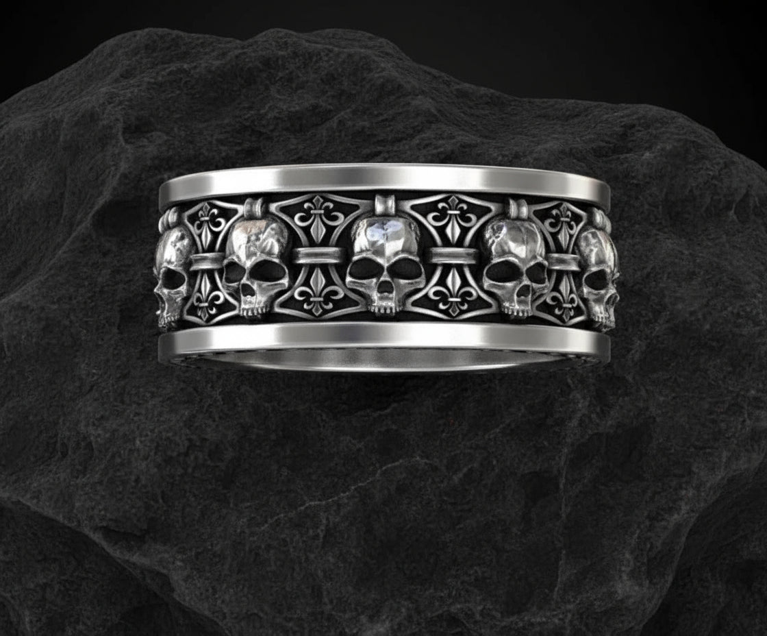 RARE PRINCE by CARAT SUTRA Unique Designed Band Ring Skull Fleur De Lis 925 Sterling Silver Oxidized Ring Men's Jewelry With Certificate of