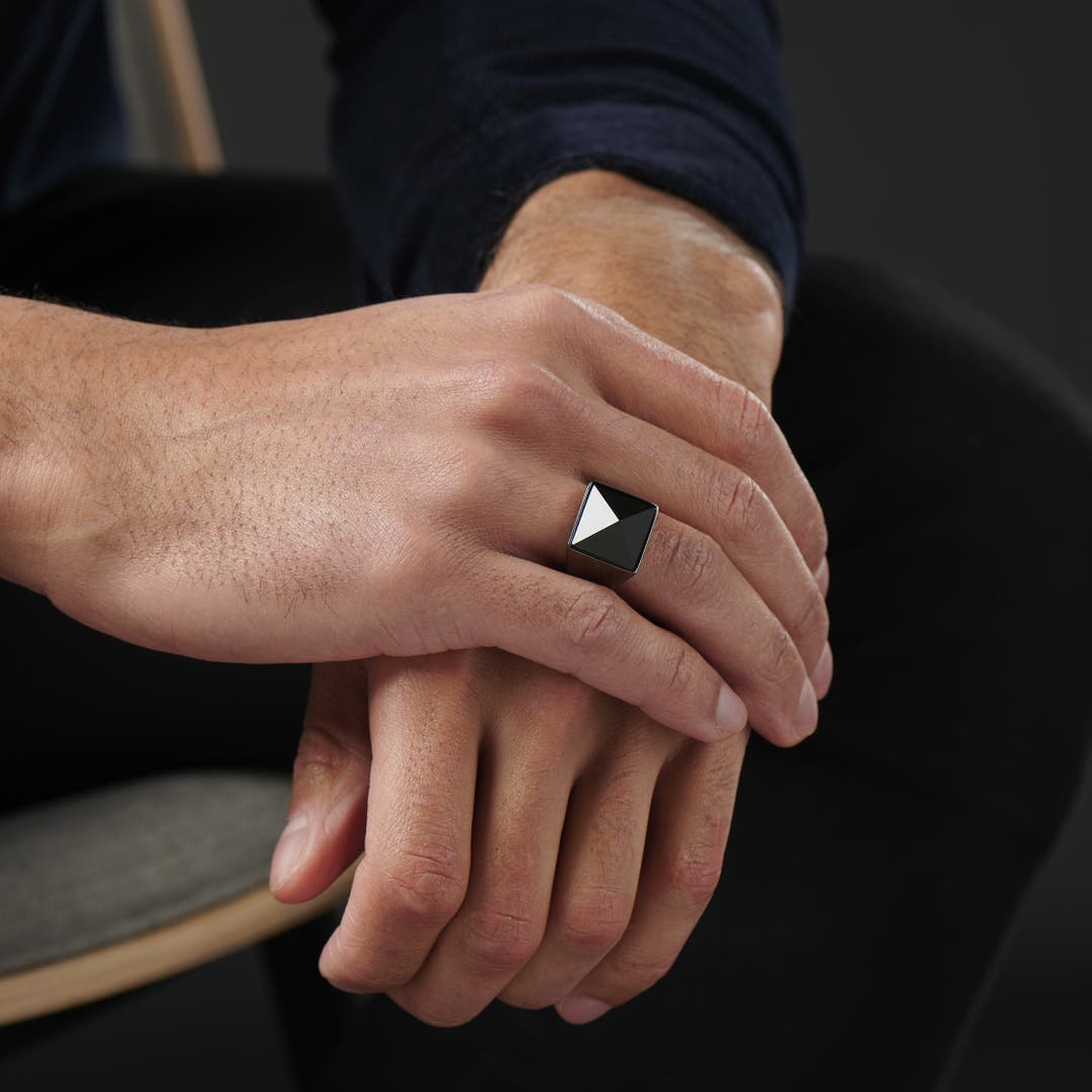RARE PRINCE by CARAT SUTRA | Exclusive Classic Style Signet Ring with Natural Pyramidal Black Onyx | Sterling Silver 925 Ring | Jewellery for Men| With Certificate of Authenticity and 925 Hallmark - caratsutra
