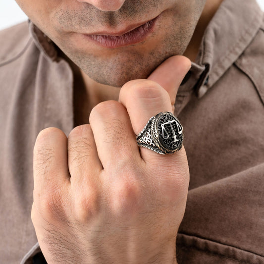 RARE PRINCE by CARAT SUTRA | Unique Handmade Turkish Style Libra Zodiac Ring for Librans | 925 Sterling Silver Oxidized Ring | Men's Jewelry | With Certificate of Authenticity and 925 Hallmark - caratsutra
