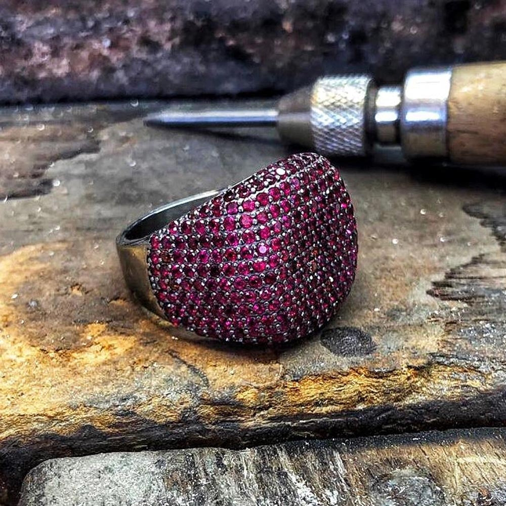 RARE PRINCE by CARAT SUTRA | Unique Handmade Turkish Style Ring Studded with AAA+ Red Zirconia | 925 Sterling Silver Ring | Men's Jewelry | With Certificate of Authenticity and 925 Hallmark - caratsutra