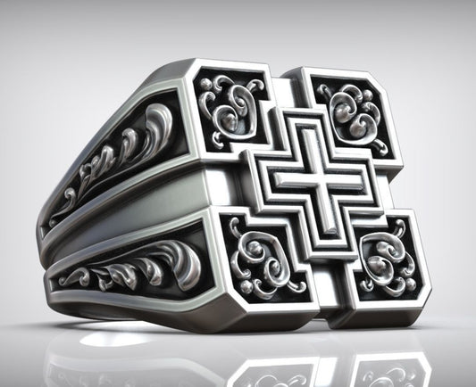 RARE PRINCE by CARAT SUTRA | Unique Designed Signet Cross Ring in Square Pattern | 925 Sterling Silver Oxidized Ring | Men's Jewelry | With Certificate of Authenticity and 925 Hallmark