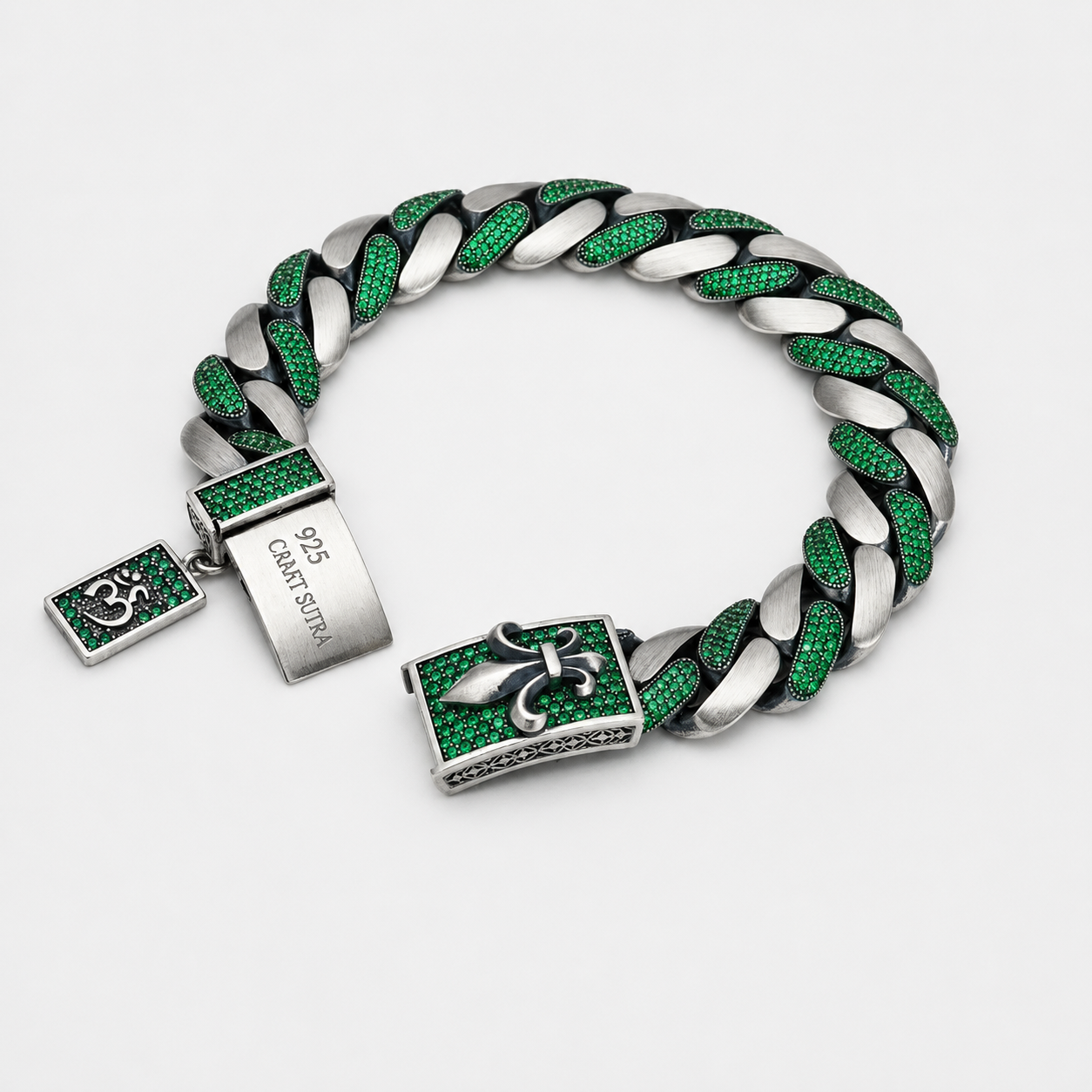 16mm wide, Unique Fleur-De-Lis natural emerald Iced Cuban Link Bracelet for Men | Dark Oxidized 925 Silver Bracelet (Copy) - caratsutra