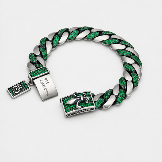 16mm wide, Unique Fleur-De-Lis natural emerald Iced Cuban Link Bracelet for Men | Dark Oxidized 925 Silver Bracelet (Copy) - caratsutra