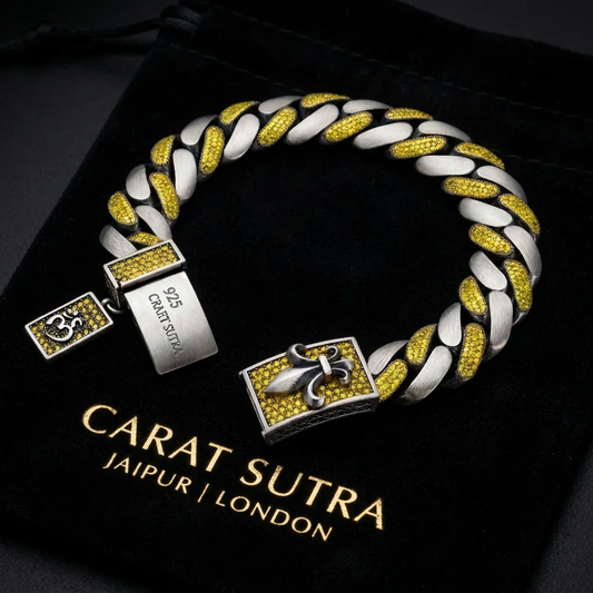 16mm wide, Unique Fleur-De-Lis natural Citrine Iced Cuban Link Bracelet for Men | Oxidized 925 Silver Bracelet