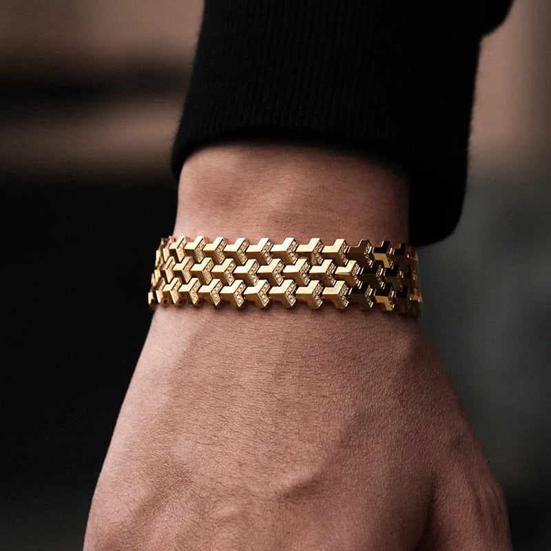 22k Gold Plated, 3 Row, 18mm Wide Solid Armor Bracelet Studded with/without Swarovski Diamond | 999 Sterling Silver