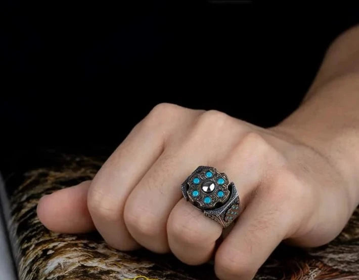 RARE PRINCE by CARAT SUTRA | Unique Designed Turkish Style Ring with 6 Stone Turquoise Ring | 925 Sterling Silver Oxidized Ring | Men's Jewelry | With Certificate of Authenticity and 925 Hallmark